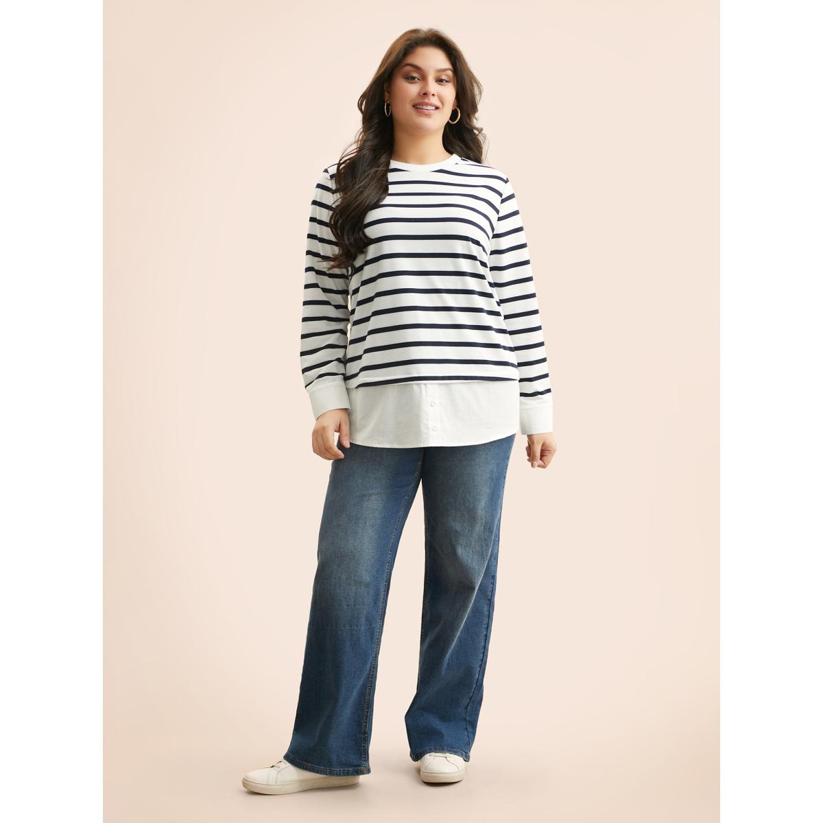 Plus Size 2-In-1 Striped Patchwork Button Detail Sweatshirt Women Navy Casual Contrast Round Neck Everyday Sweatshirts BloomChic 18-20/2X Product Image