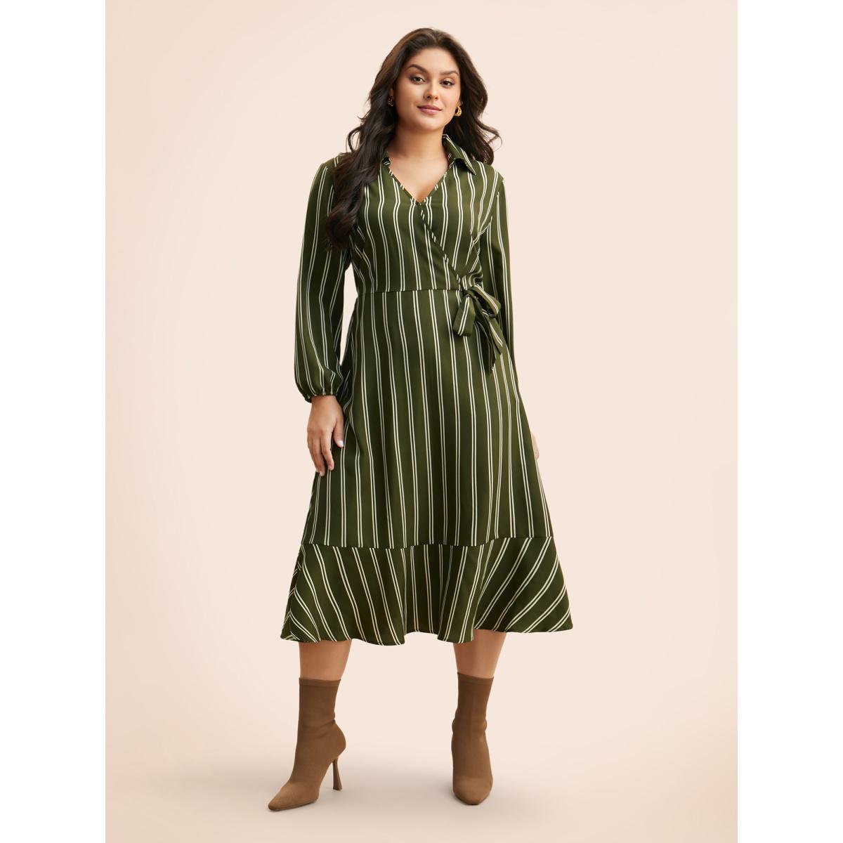 Plus Size Striped Tie Knot Lantern Sleeve Dress ArmyGreen Women Elegant Overlapping Shirt collar Long Sleeve Curvy BloomChic 26/4X Product Image