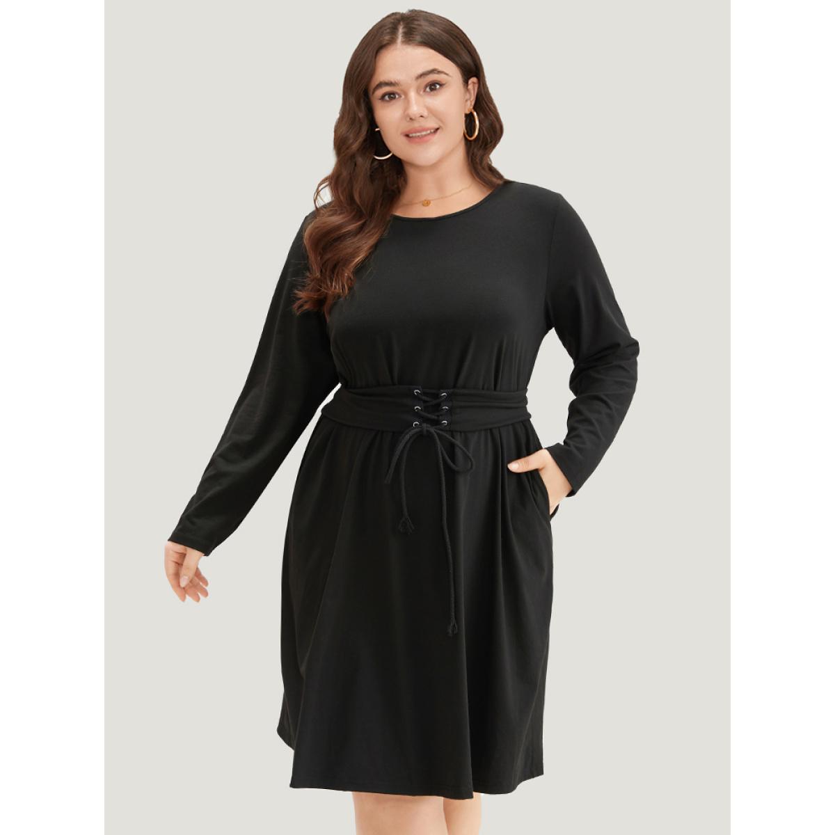 Plus Size Solid Pocket Drawstring Ties Dress Black Women Casual Plain Round Neck Long Sleeve Curvy Knee Dress BloomChic 10/M Product Image