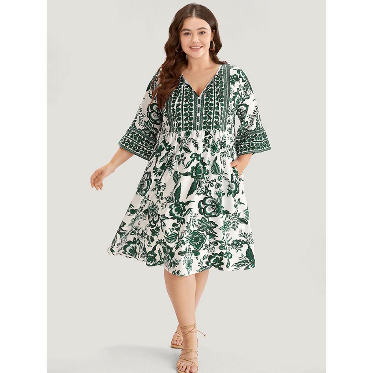 Plus Size Bandana Print Knot Neck Button Detail Dress DarkGreen Women Vacation Cross straps V-neck Elbow-length sleeve Curvy Midi Dress BloomChic 14-16/1X Product Image