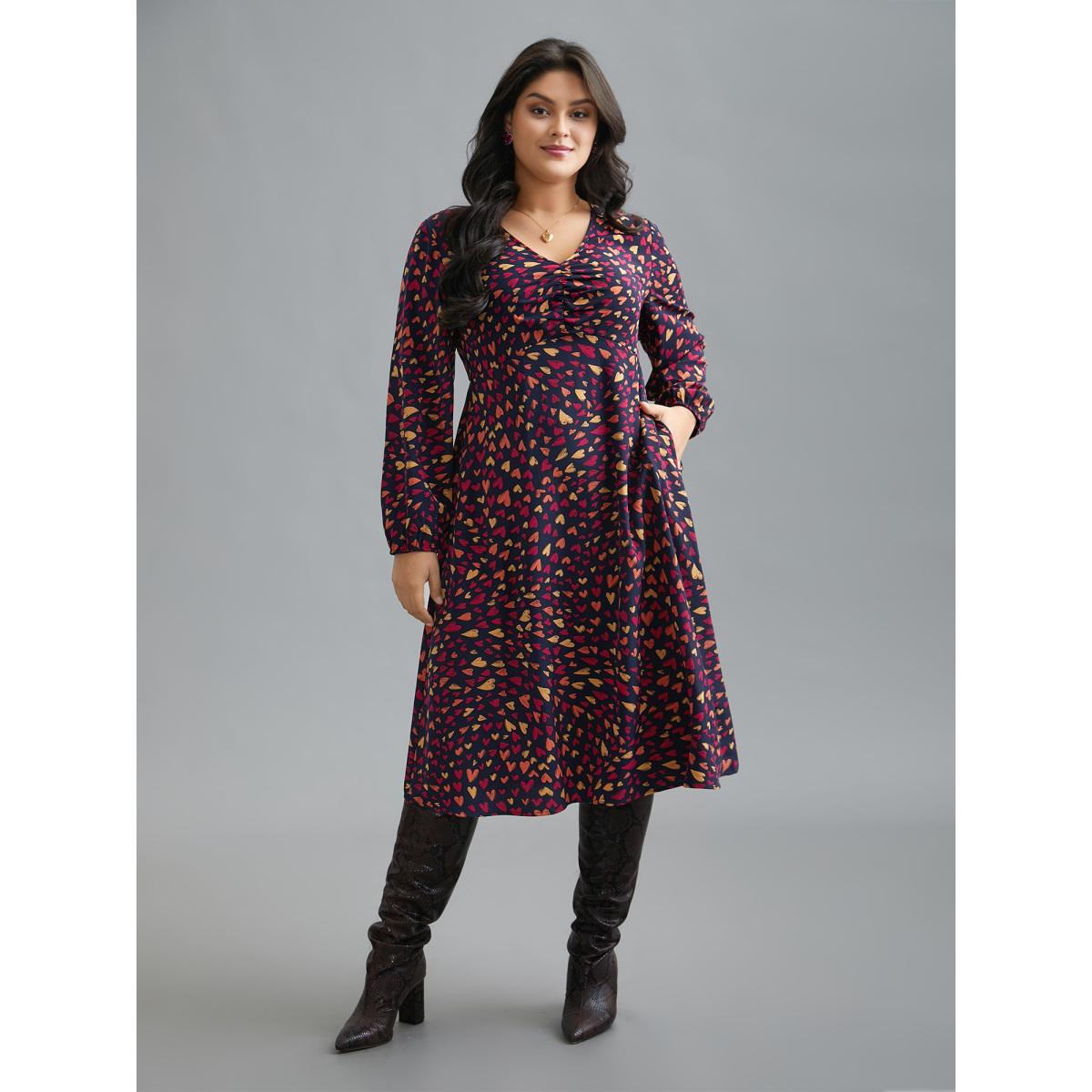 Plus Size Multi-Color Hearts Pattern Stretchy Waist Dress Indigo Women Elegant Gathered V-neck Long Sleeve Curvy BloomChic 18-20/2X Product Image