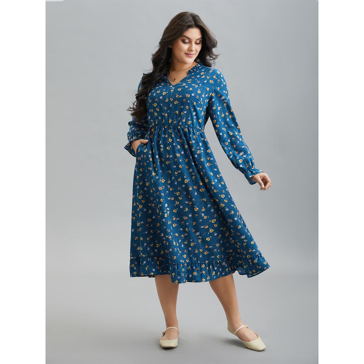 Plus Size Floral Print Collar Tiered Skirt Midi Dress Mediumblue Women Casual Frill Trim Flat collar with V-notch Long Sleeve Curvy BloomChic 22-24/3X Product Image