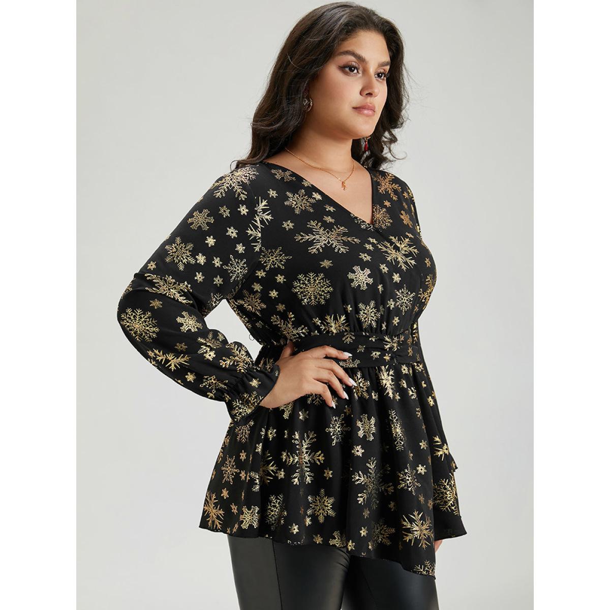 Plus Size Black Glitter Snowflake Elastic Waist Ruched Wrap Blouse Women Cocktail Long Sleeve Overlap Collar Party Blouses BloomChic 14-16/1X Product Image