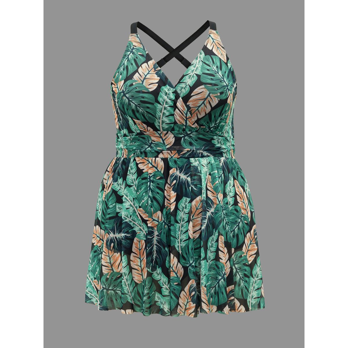 Plus Size Tropical Print Bust Defining Swim Dress Women's Swimwear Truegreen Beach Bodycon Overlap Collar High stretch Curve Swim Dresses BloomChic 22-24/3X Product Image