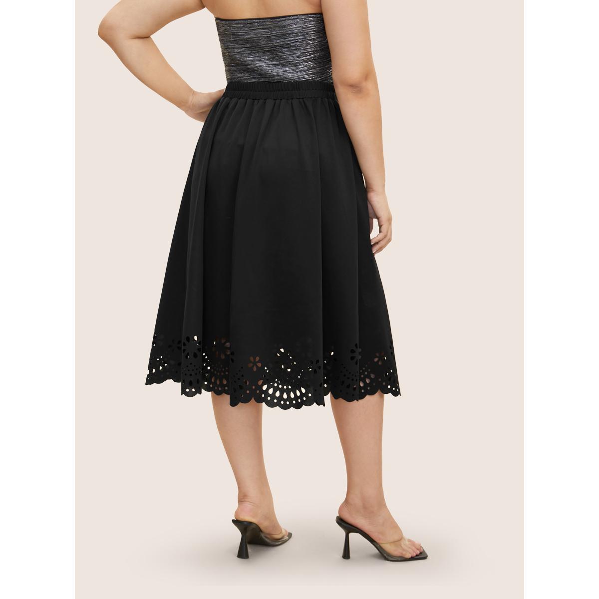 Plus Size Laser Cut Elastic Waist Pocket Skirt Women Black Formal Cut-Out Medium stretch Side seam pocket Party Skirts BloomChic 12/L Product Image