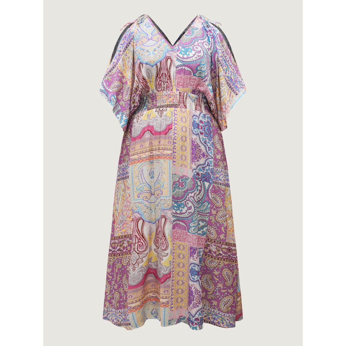 Plus Size Boho Collage Off-Shoulder Maxi Dress Multicolor Women Boho Deep V-neck Sleeveless Curvy BloomChic 30/6X Product Image