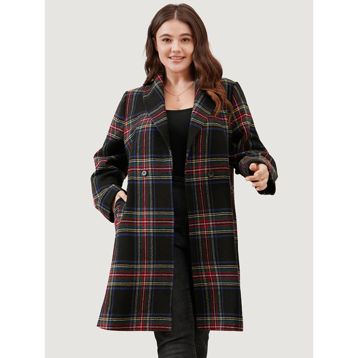 Plus Size Plaid Button Through Pocket Lapel Collar Coat Women Black Casual Pocket Ladies Dailywear Winter Coats BloomChic 12/L Product Image