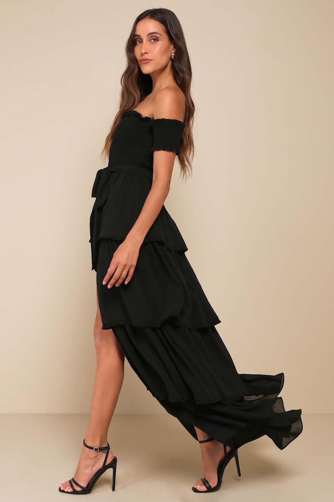 Stunning Poise Black Off-the-Shoulder Smocked Tiered Maxi Dress Product Image