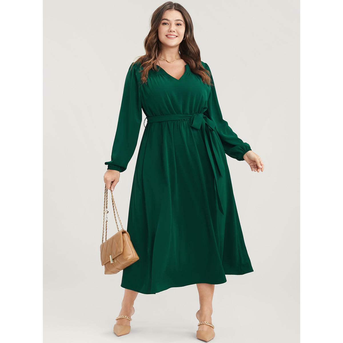 Plus Size Solid V Neck Pocket Belted Lantern Sleeve Midi Dress DarkGreen Women Elegant Belted V-neck Long Sleeve Curvy Midi Dress BloomChic 12/L Product Image