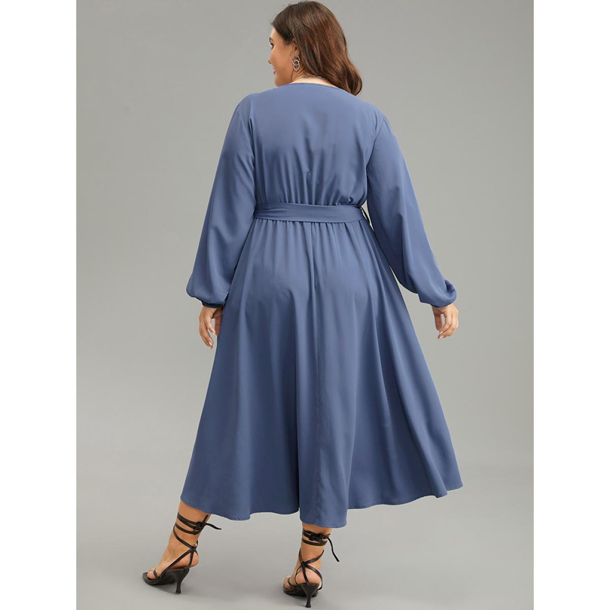 Plus Size Anti-Wrinkle Wrap Layered Belted Dress Stone Women Elegant Plain V-neck Long Sleeve Curvy Midi Dress BloomChic 10/M Product Image