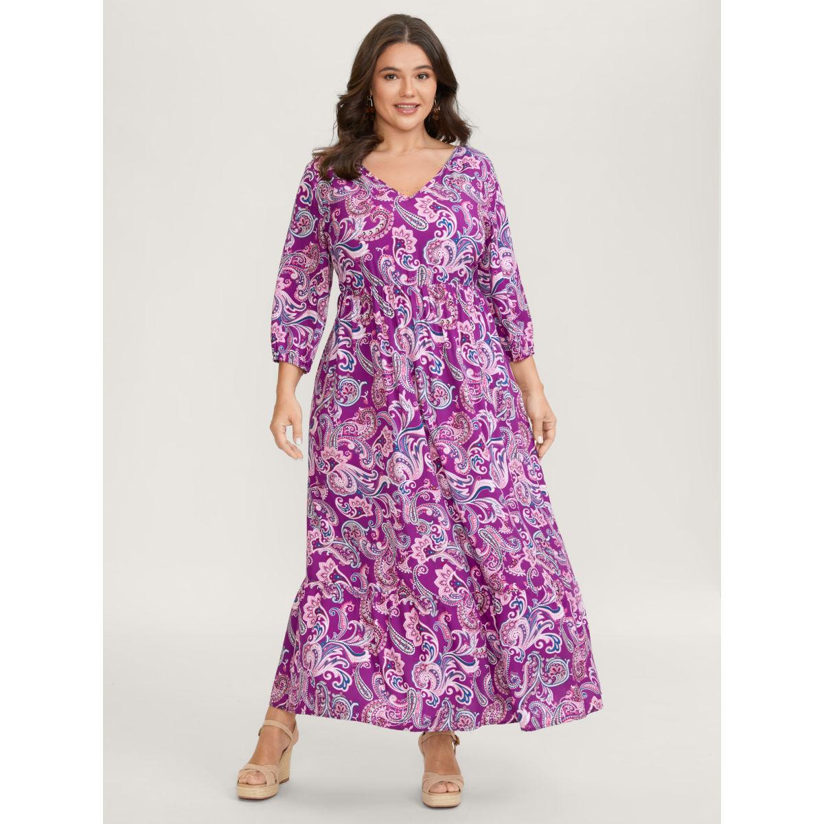 Plus Size Paisley Rayon Back Cut-Out Maxi Dress RedViolet Women Boho V-neck Elbow-length sleeve Curvy BloomChic 26/4X Product Image
