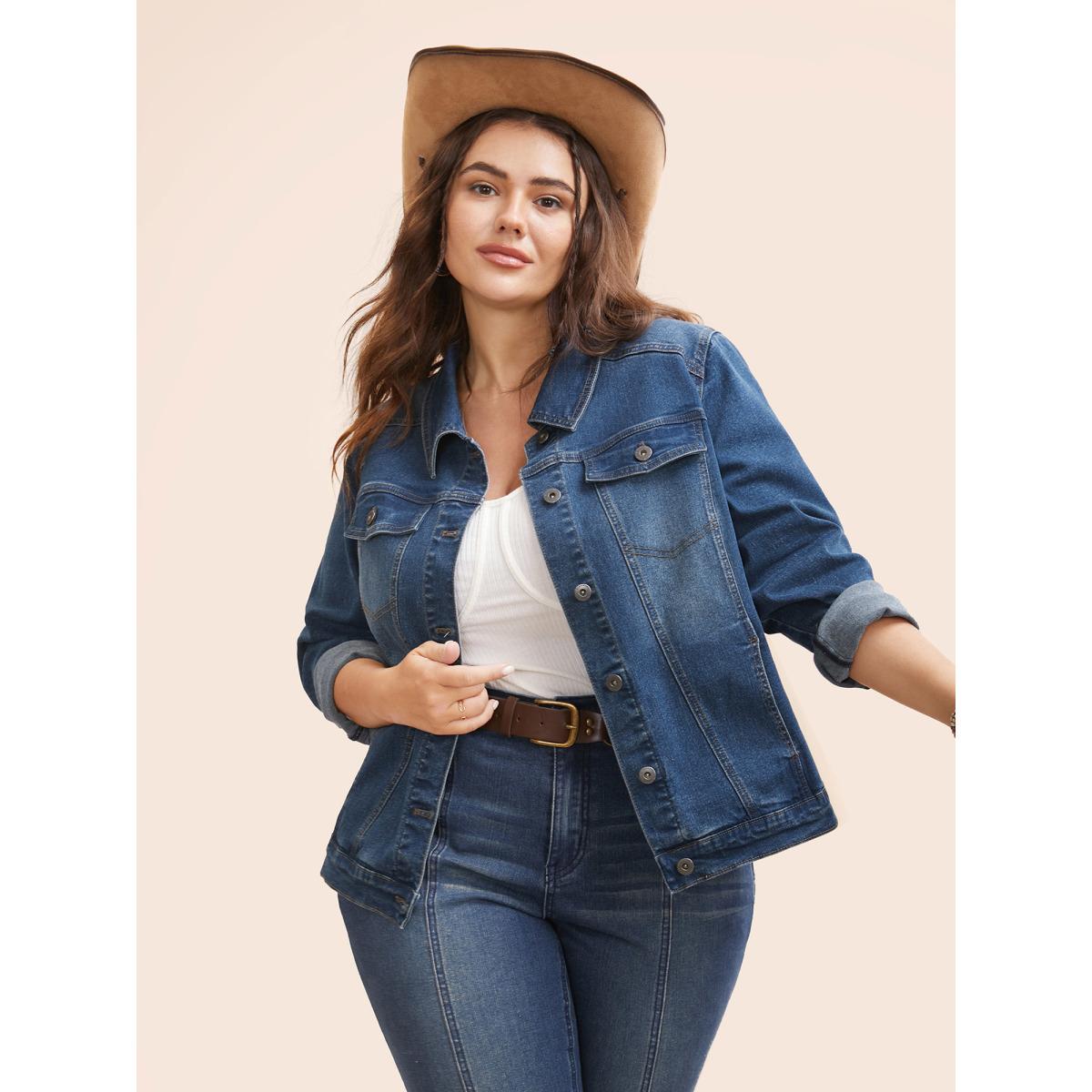 Women Stretch Denim Pockets Slim-Fit Jacket Midblue Plus Size Button Everyday Slanted pocket Casual Denim Jackets BloomChic 10/M Product Image