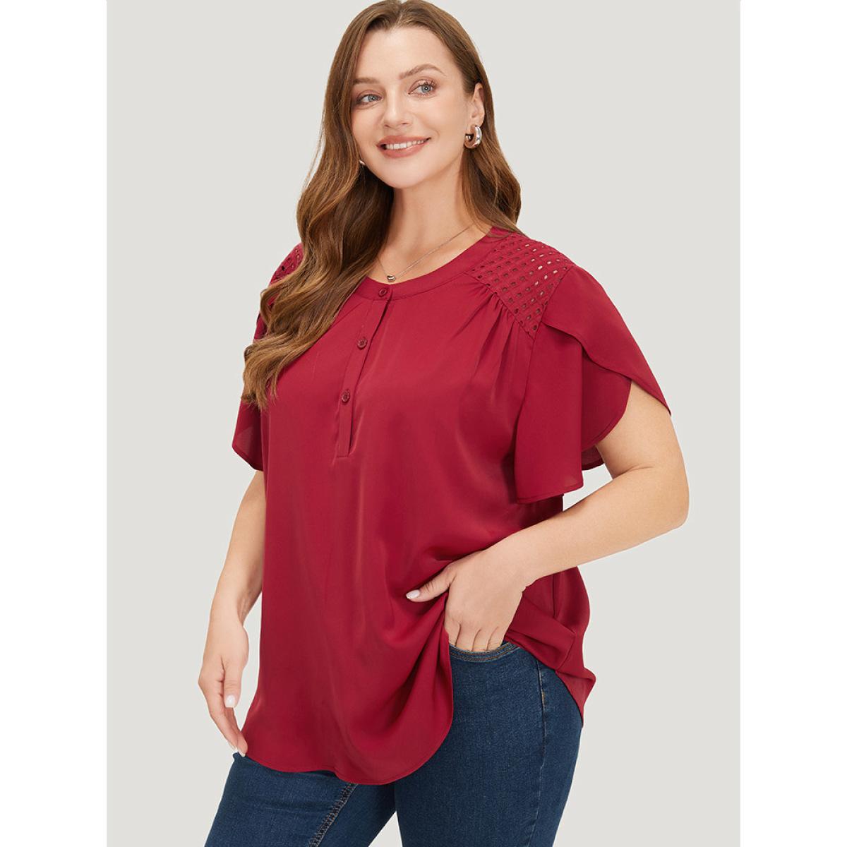 Plus Size Burgundy Plain Patchwork Cut Out Petal Sleeve Blouse Women Office Short sleeve Round Neck Work Blouses BloomChic 28/5X Product Image