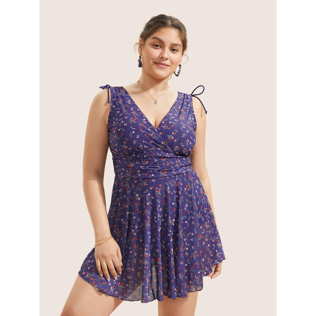 Plus Size Ditsy Floral Mesh Drawstring Swim Dress Women's Swimwear Blackcurrant Beach Bodycon V-neck High stretch Curve Swim Dresses BloomChic 12/L Product Image