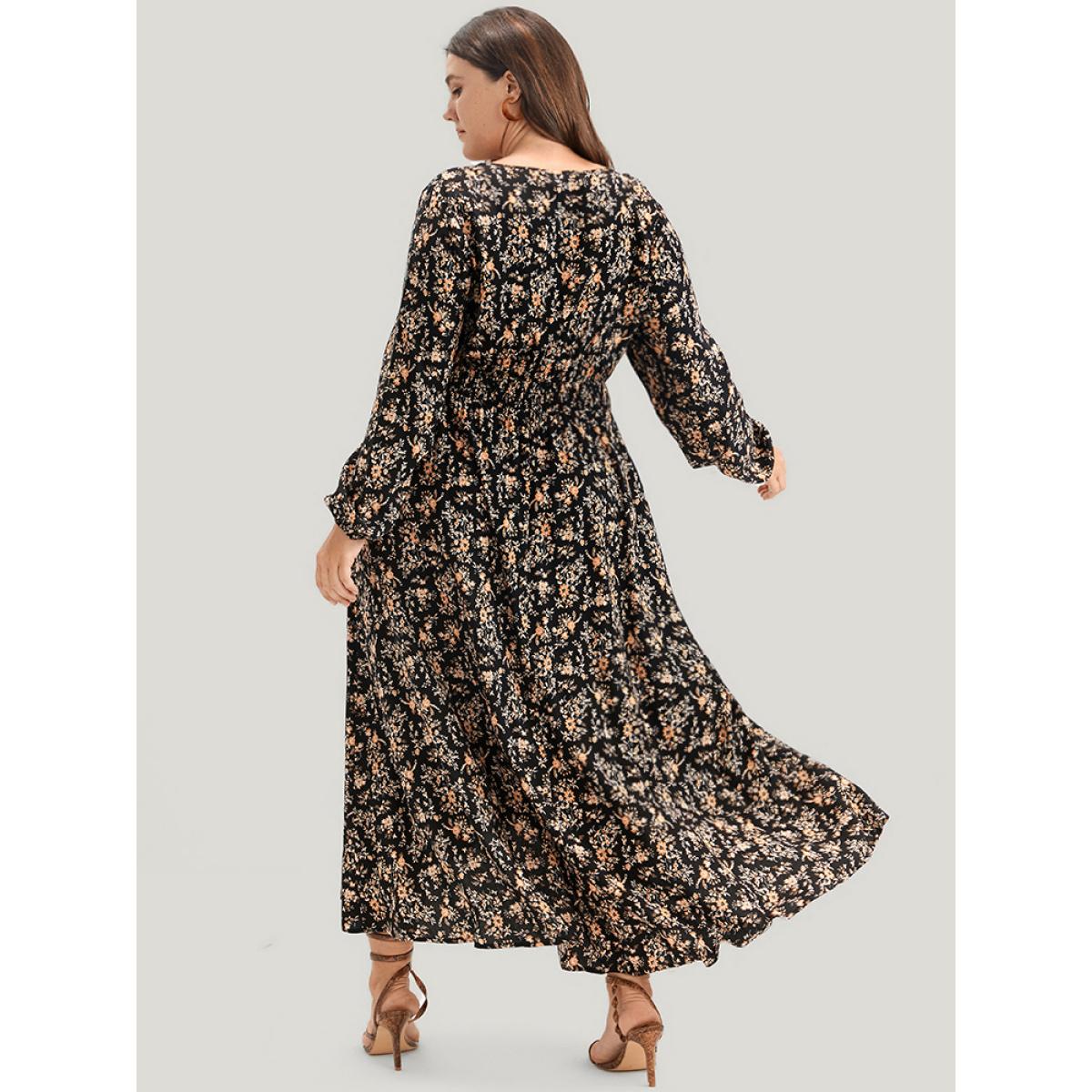 Plus Size Floral Wrap Lantern Sleeve Pocket Shirred Asymmetrical Hem Dress Black Women Elegant Pocket V-neck Long Sleeve Curvy Long Dress BloomChic 26/4X Product Image