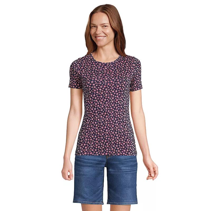 Women's Lands' End All-Cotton Crewneck Tee, Size: Medium, Blue Stencil Floral Product Image