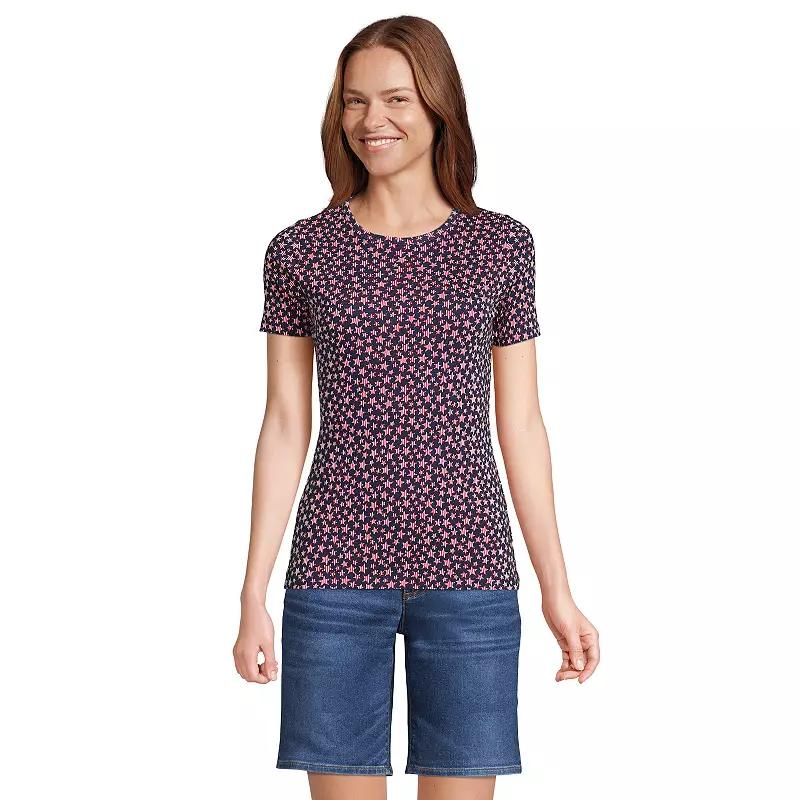 Women's Lands' End All-Cotton Crewneck Tee, Size: Medium, Blue Stencil Floral Product Image