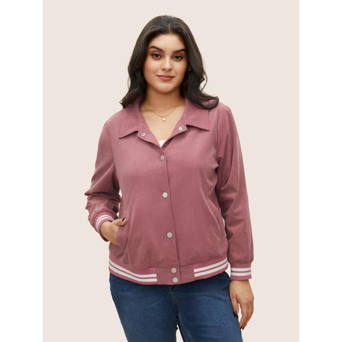 Plus Size Contrast Trim Button Through Rib Knit Jacket Women DustyPink Non Slanted pocket Everyday Jackets BloomChic 22-24/3X Product Image