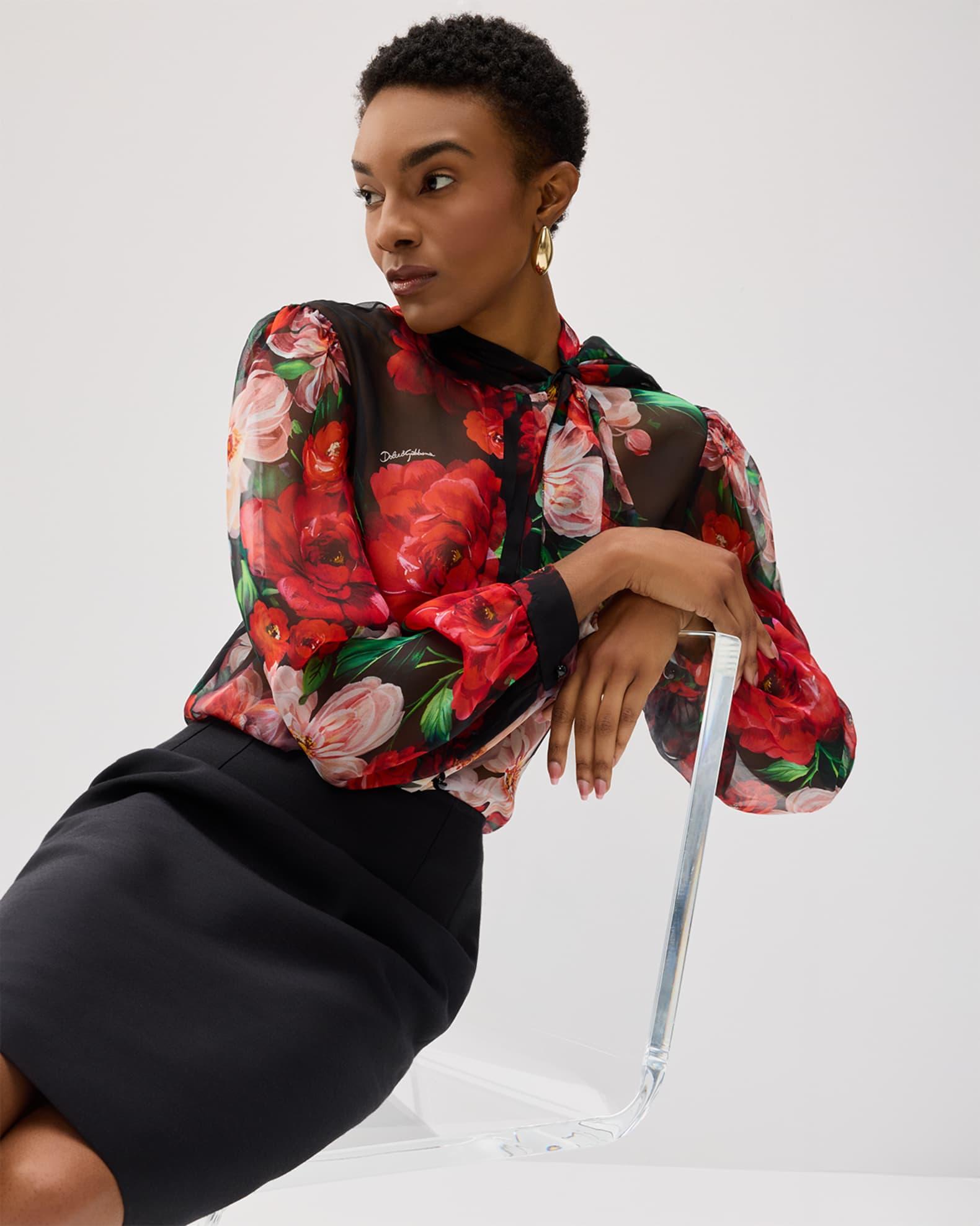 Rose Bouquet Chiffon Neck-Tie Blouse Product Image