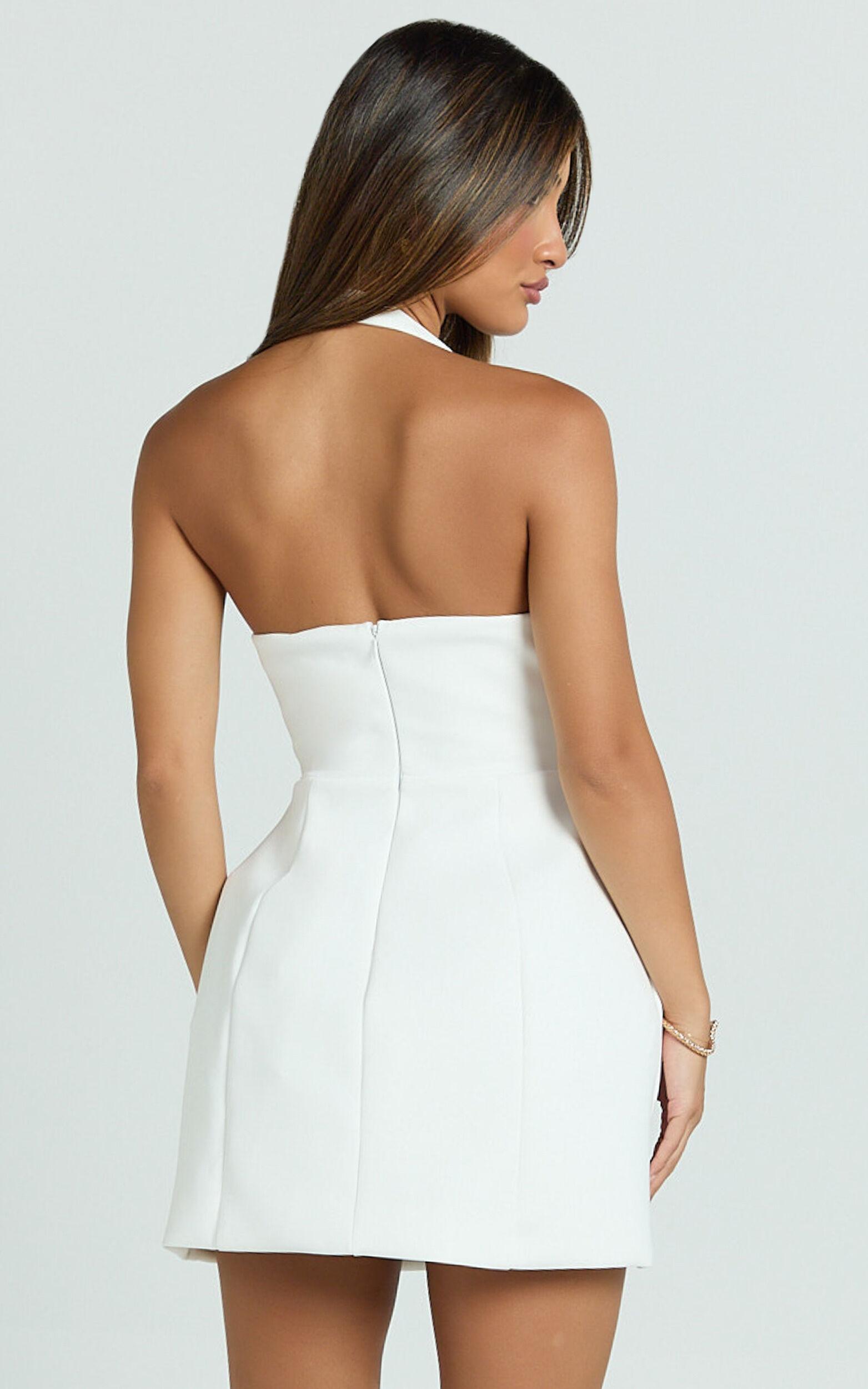Gaia Mini Dress - Plunge Halter Fit and Flare Dress in White Product Image