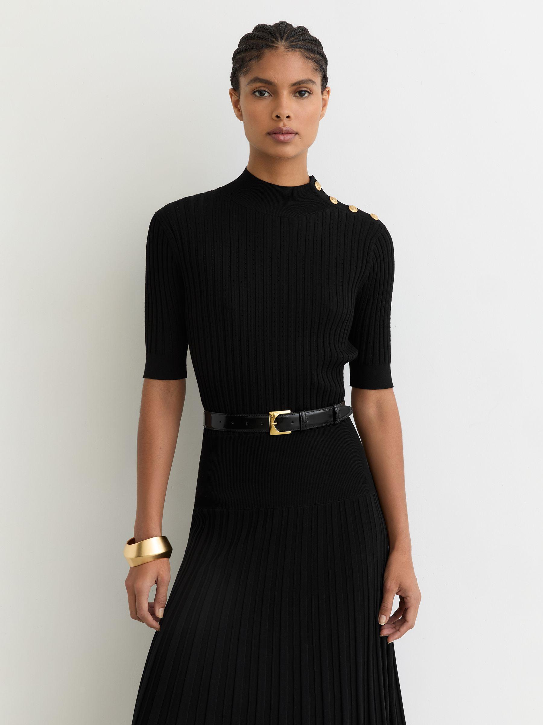 Petite Button-Detail Knitted Midi Dress in Black Product Image