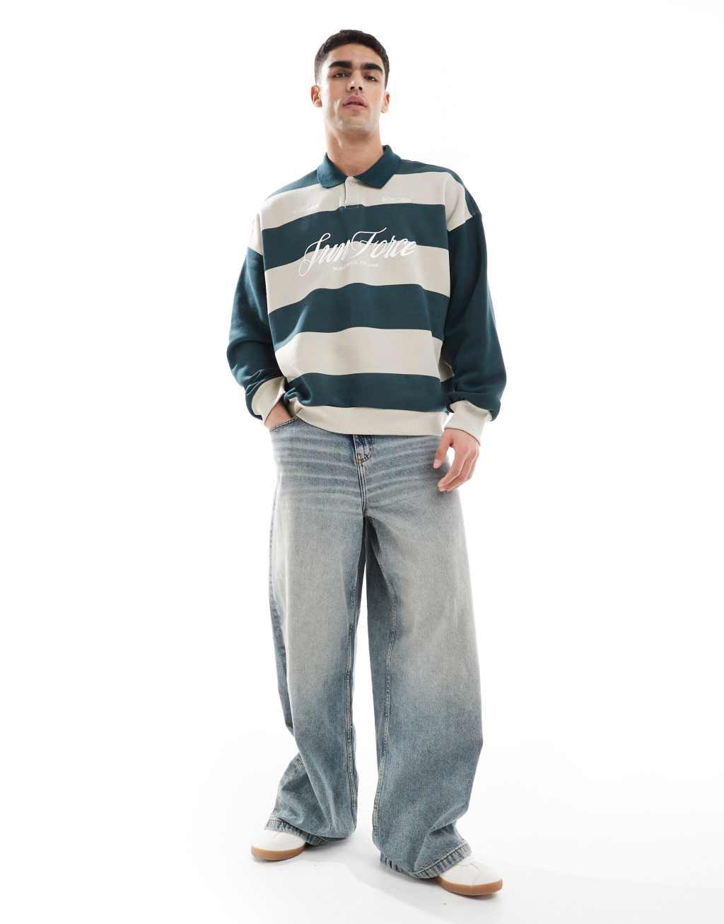 Bershka striped rugby sweatshirt in green Product Image