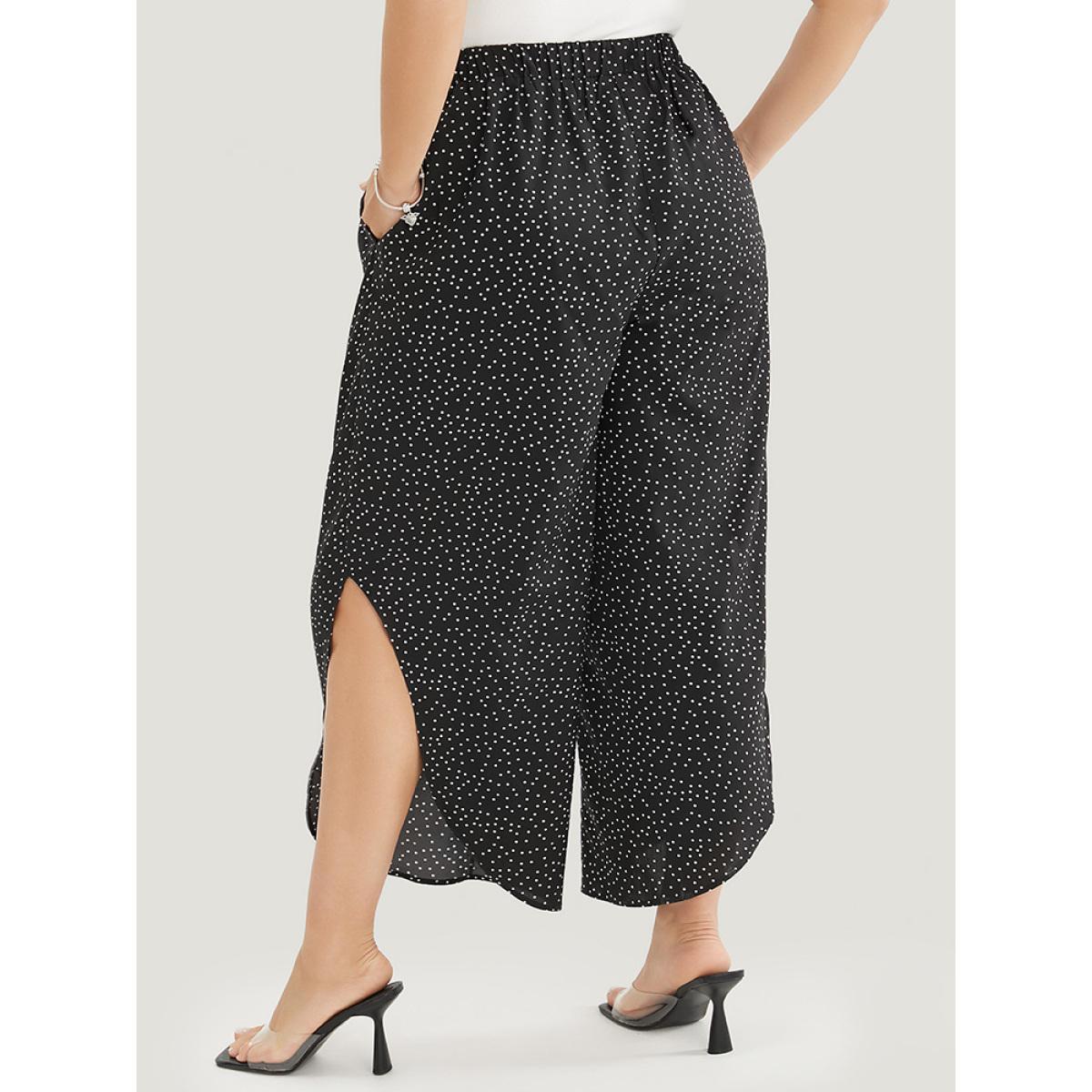 Plus Size Polka Dot Elastic Waist Split Hem Pants Women Black Elegant Mid Rise Dailywear Pants BloomChic 12/L Product Image