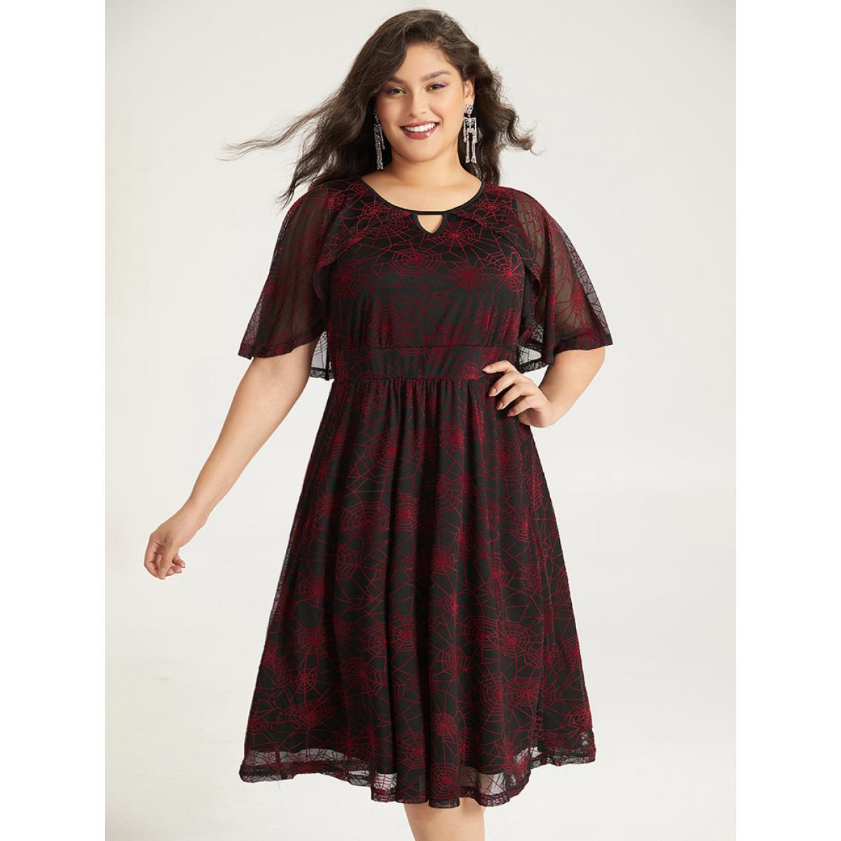 Plus Size Halloween Spider Web Pattern Keyhole Dress Black Women Party Gathered Notched collar Half Sleeve Curvy Midi Dress BloomChic 26/4X Product Image