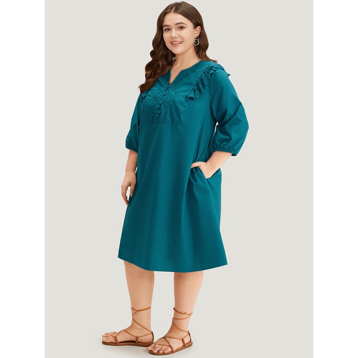 Plus Size Plain Ruffle Trim Lantern Sleeve Dress Cerulean Women Vacation Elastic cuffs Notched collar Elbow-length sleeve Curvy Midi Dress BloomChic 12/L Product Image