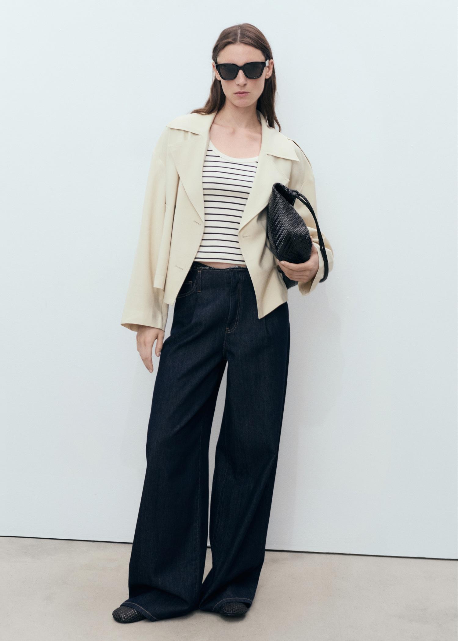 Striped cotton T-shirt with low neckline - Women | MANGO USA Product Image