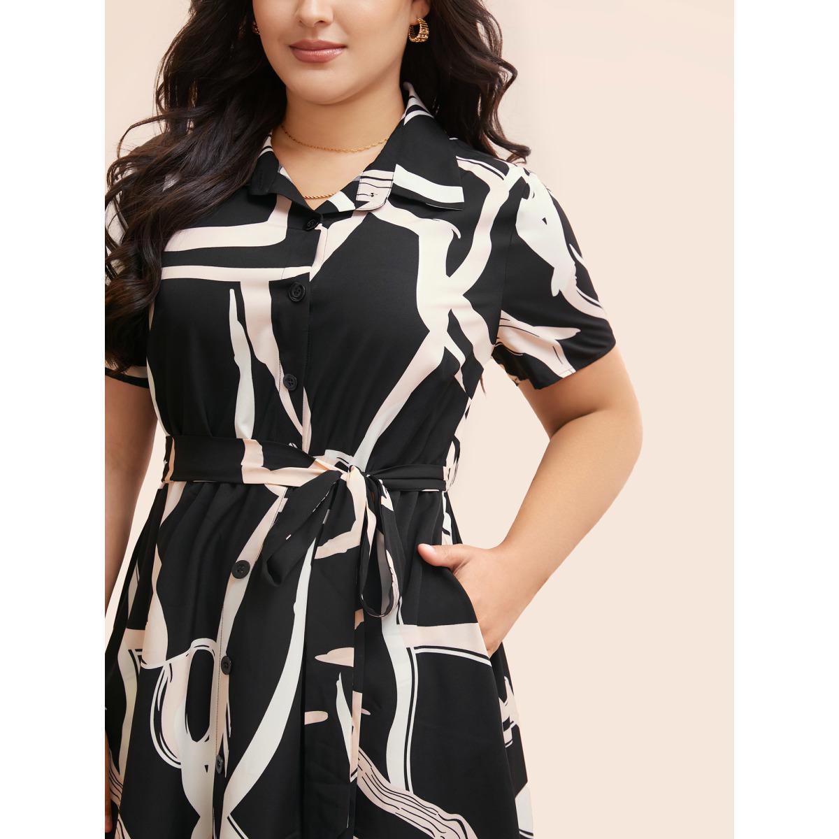 Plus Size Geometric Shirt Collar Belted Midi Dress Black Women At the Office Belted Shirt collar Short sleeve Curvy BloomChic 14-16/1X Product Image