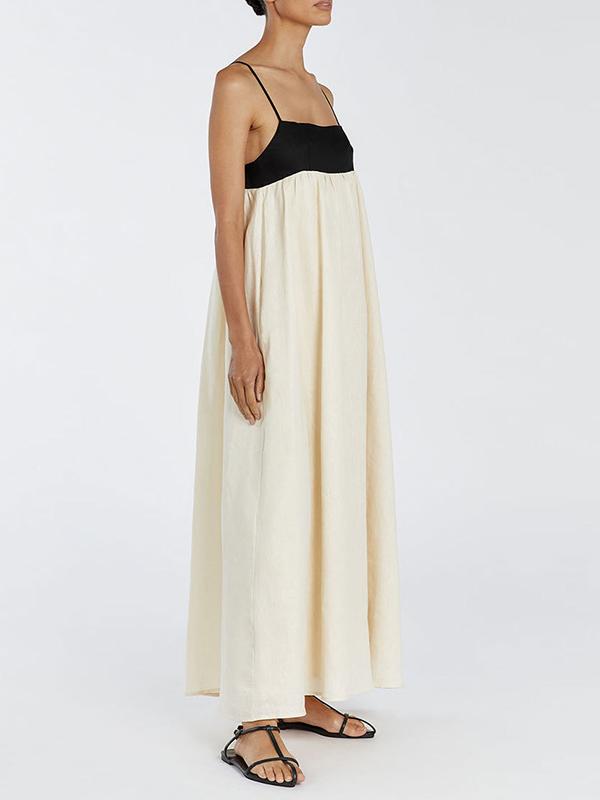 A-Line Loose Contrast Color Pleated Split-Joint Spaghetti-Neck Maxi Dresses Product Image