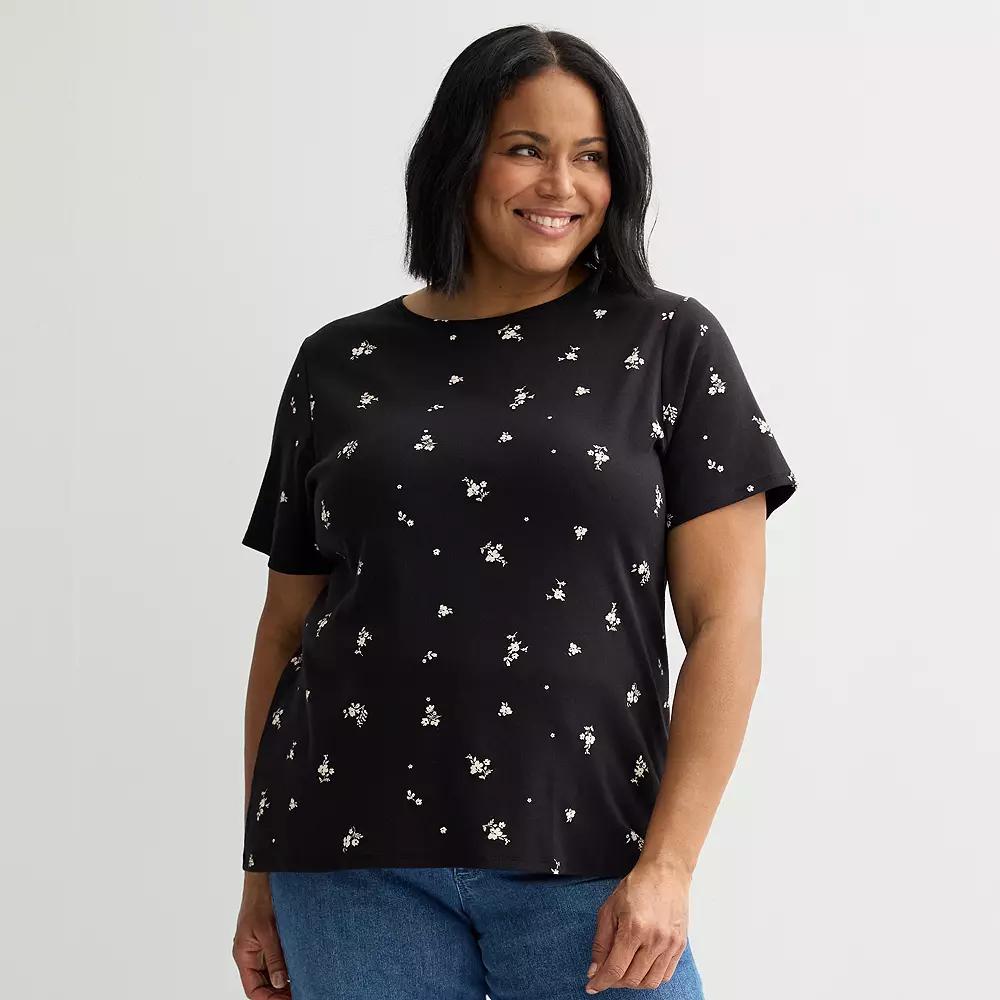 Plus Size Croft & Barrow® Essential Crewneck Top, Women's, Size: 3XL, Black Fun Floral Product Image