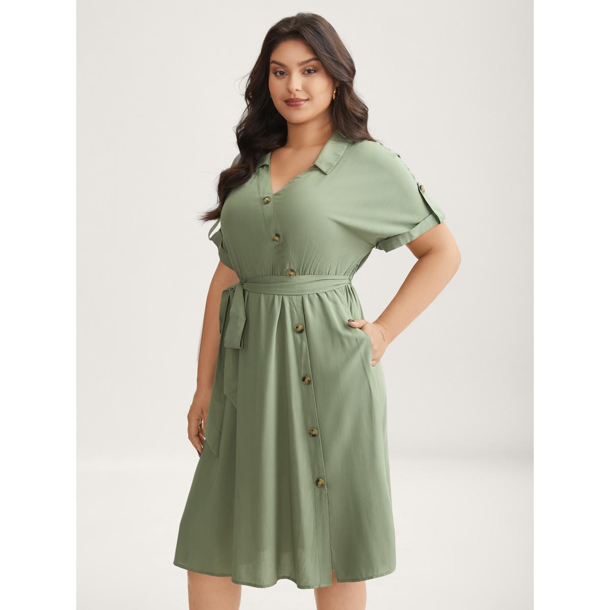 Plus Size Rayon Button Detail Belted Pockets Midi Dress ArmyGreen Women Shirt collar Short sleeve Curvy BloomChic 14-16/1X Product Image