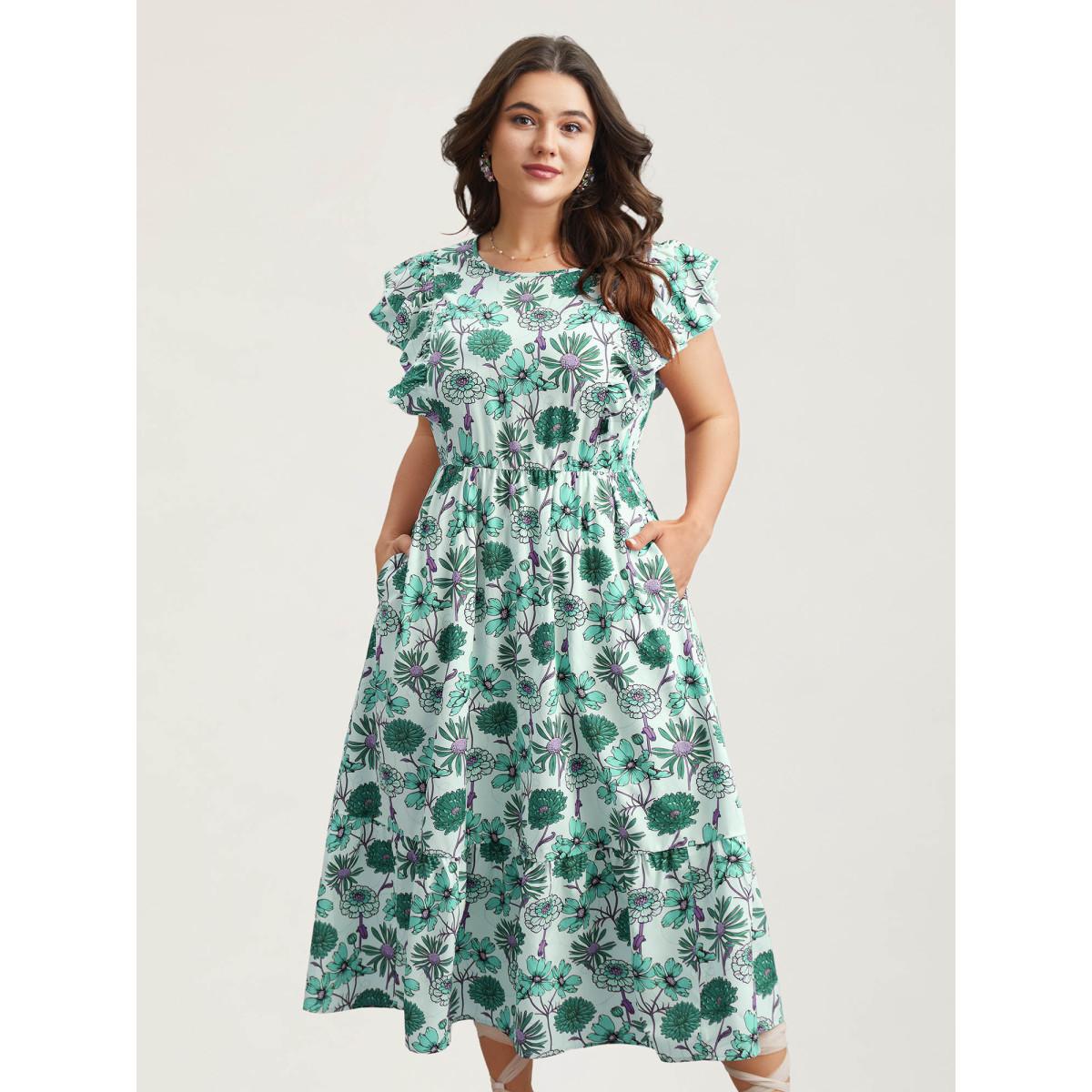 Plus Size Ruffled Floral Print Stretchy-Waist Midi Dress Turquoise Women Romantic Ruffles Round Neck Cap Sleeve Curvy BloomChic 12/L Product Image