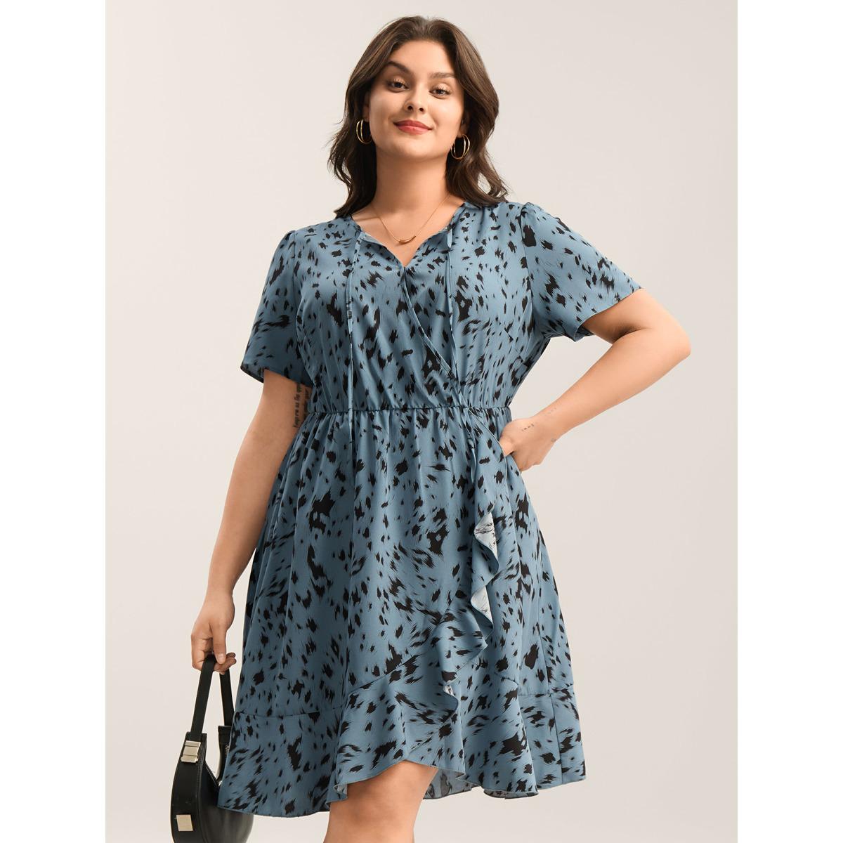 Plus Size Leopard Print Faux Wrap Ruffled Midi Dress Skyblue Women Overlap Collar Short sleeve Curvy BloomChic 26/4X Product Image