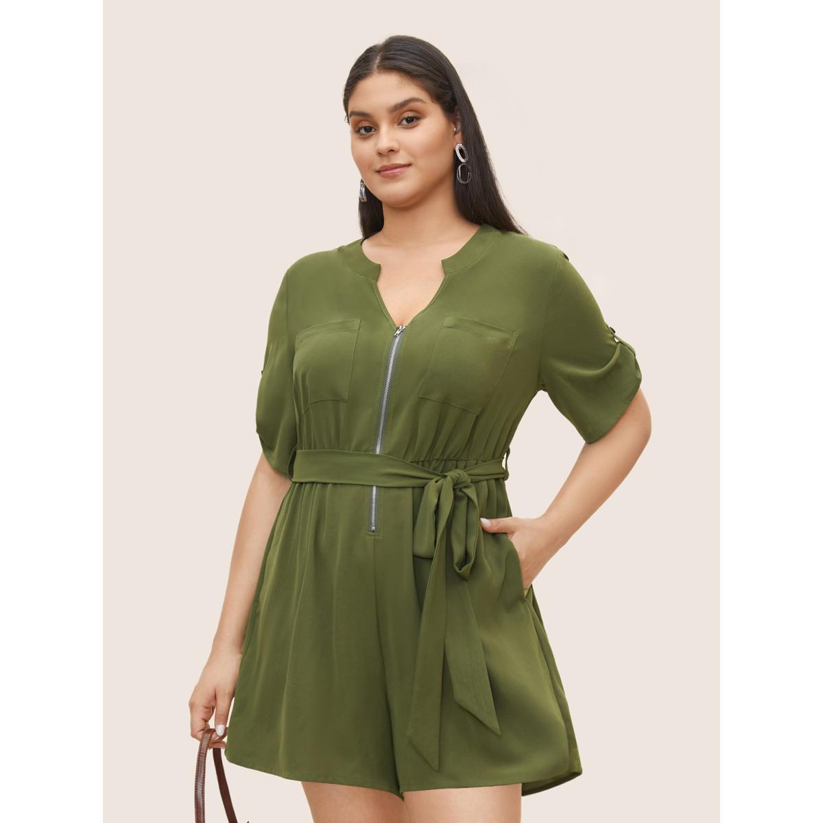 Plus Size Moss Solid Half Zip Belted Tab Sleeve Jumpsuit Women At the Office Half Sleeve Flat collar with V-notch Office Loose Jumpsuits BloomChic 22-24/3X Product Image