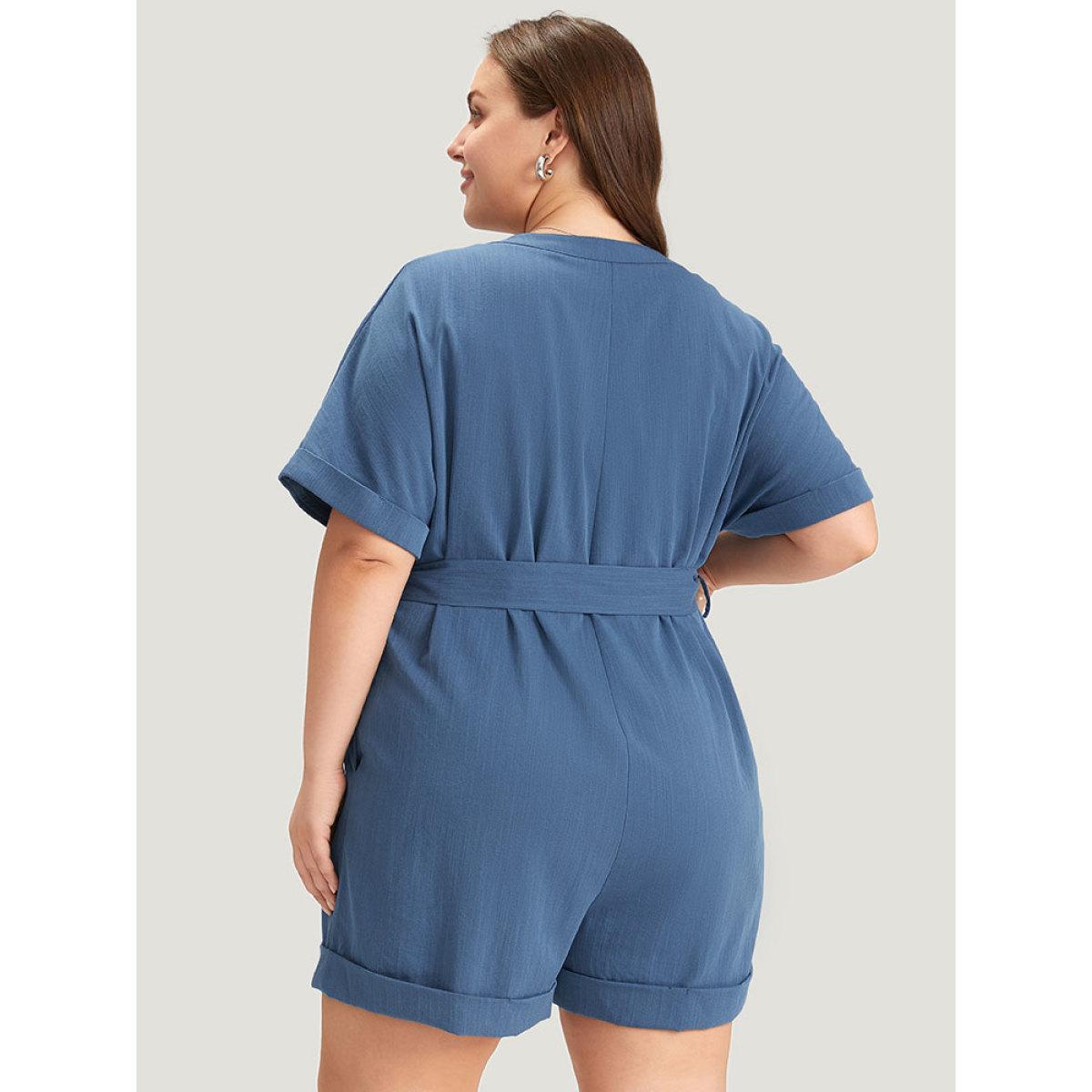 Plus Size Stone Anti-Wrinkle Solid Patched Pocket Notched Button Up Belt Romper Women Office Short sleeve Notched collar Office Loose Jumpsuits BloomChic 18-20/2X Product Image