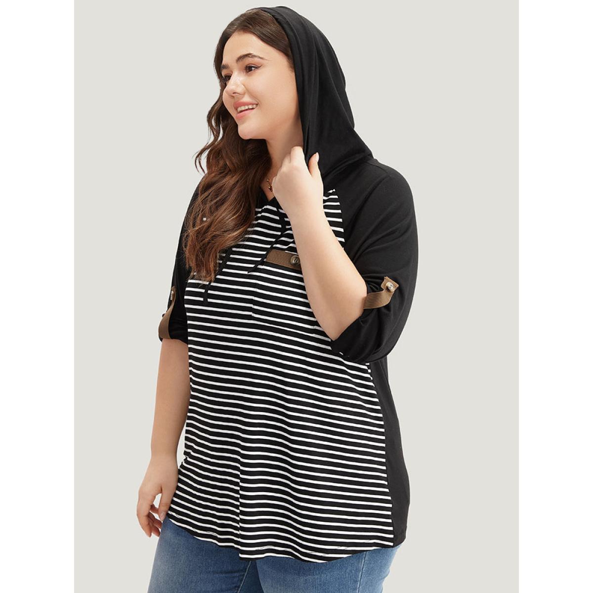 Plus Size Striped Patched Pocket Button Detail T-shirt Black Women Casual Patchwork Striped Hooded Dailywear T-shirts BloomChic 30/6X Product Image