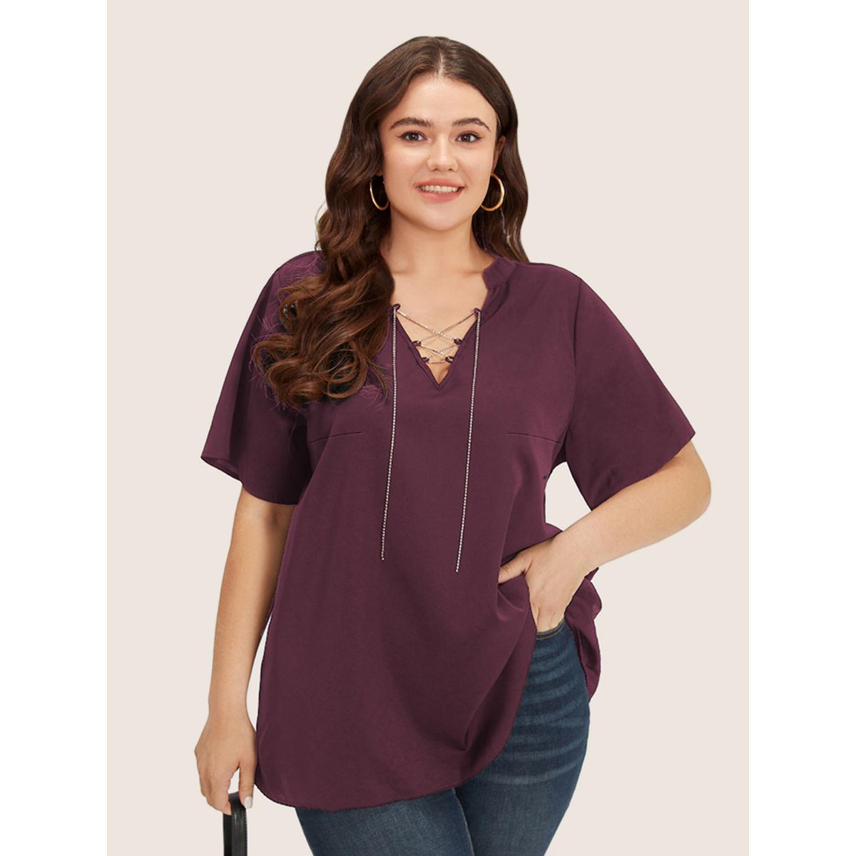 Plus Size Indigo Solid Crisscross Notched Metal Decor Blouse Women Office Short sleeve Notched collar Office Blouses BloomChic 10/M Product Image