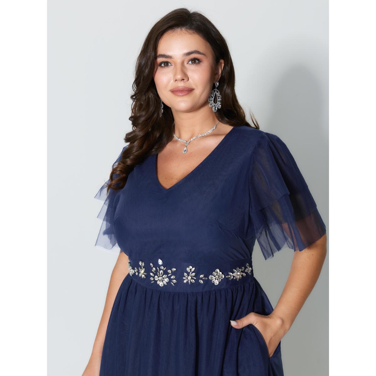 Plus Size Rhinestone Triangular Mesh Cinched-Waist Maxi Dress Navy Women Party&Cocktail V-neck Short sleeve Curvy BloomChic 10/M Product Image