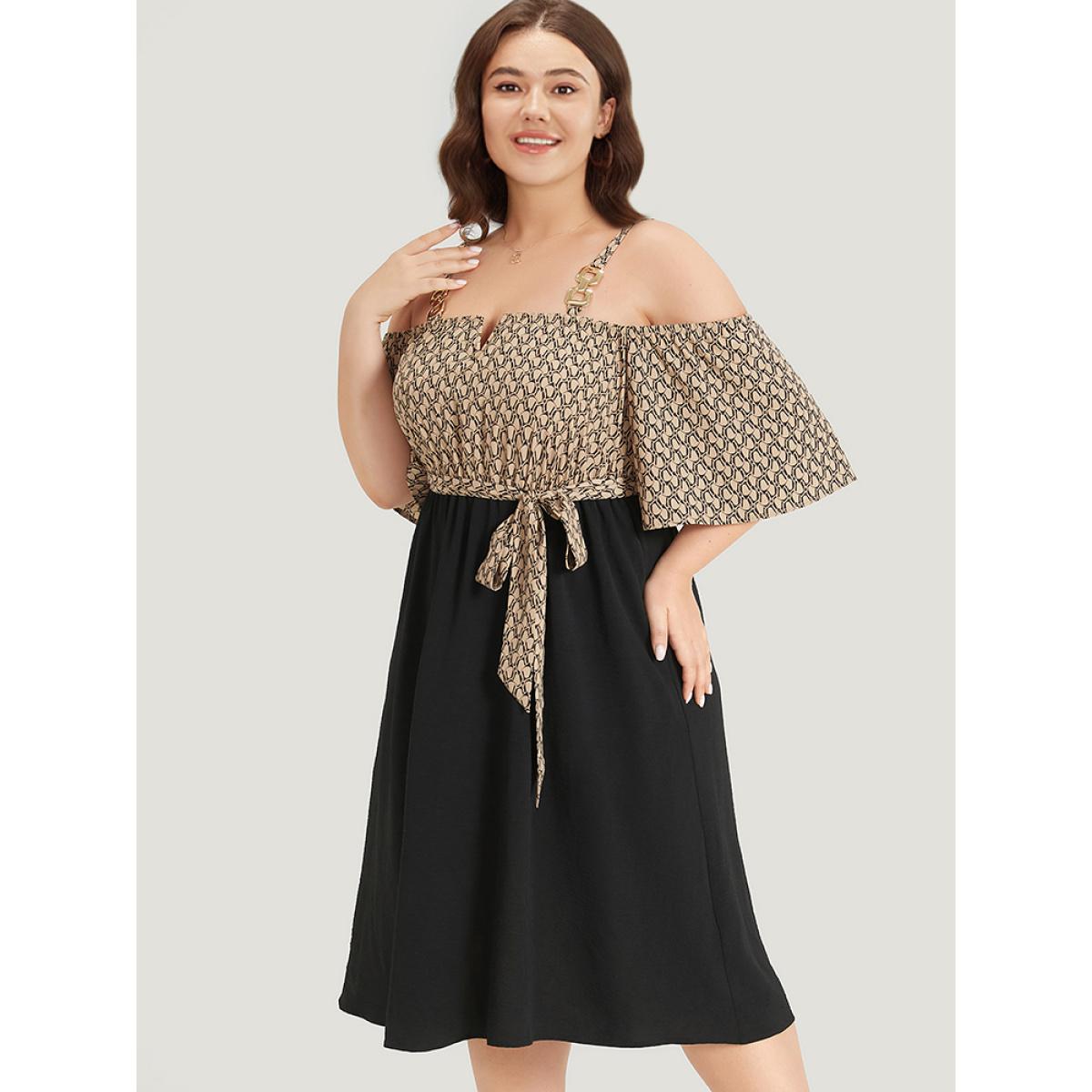 Plus Size Geometric Patchwork Pocket Belted Cold Shoulder Dress Tan Women Office Adjustable Straps Keyhole Cut-Out Half Sleeve Curvy Knee Dress BloomChic 14-16/1X Product Image