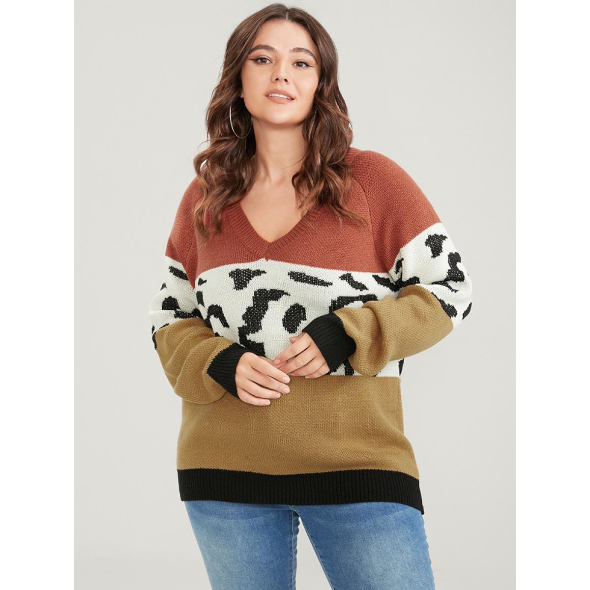 Plus Size Leopard Colorblock Contrast Pointelle Knit V Neck Knit Top Multicolor Women Casual Loose Long Sleeve V-neck Dailywear Pullovers BloomChic 18-20/2X Product Image