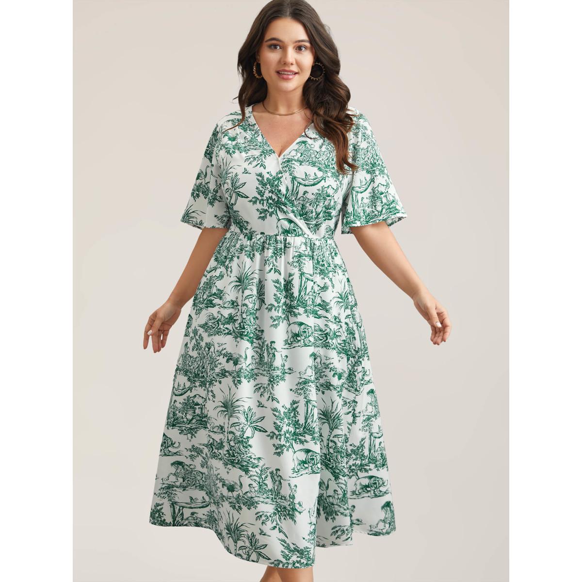 Plus Size Forest Print Waist-Cinched Surplice Neck Dress Emerald Women Elegant Non Overlap Collar Half Sleeve Curvy BloomChic 10/M Product Image
