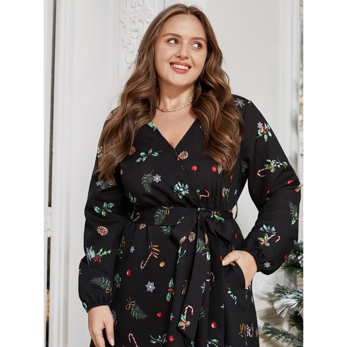 Plus Size Snowflake & Plant Print Wrap Lantern Sleeve Pocket Belted Dress Black Women Elegant Belted V-neck Long Sleeve Curvy Midi Dress BloomChic 14-16/1X Product Image