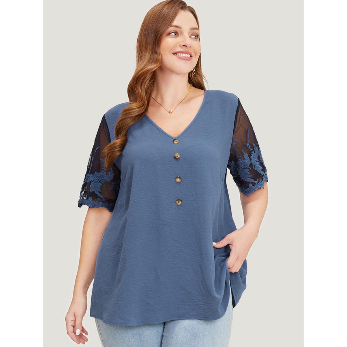 Plus Size Stone Plain Lace Mesh Sleeve Button Detail Blouse Women Elegant Short sleeve V-neck Dailywear Blouses BloomChic 12/L Product Image