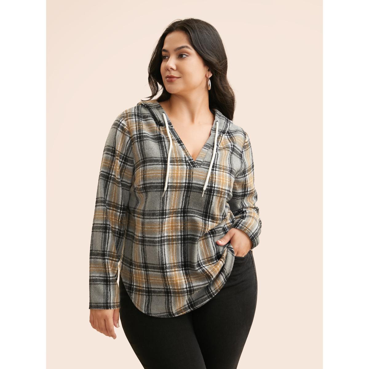 Plus Size Brushed Fabric Plaid Hooded Sweatshirt Women DarkGray Leisure Drawstring Hooded Casual Sweatshirts BloomChic 14-16/1X Product Image