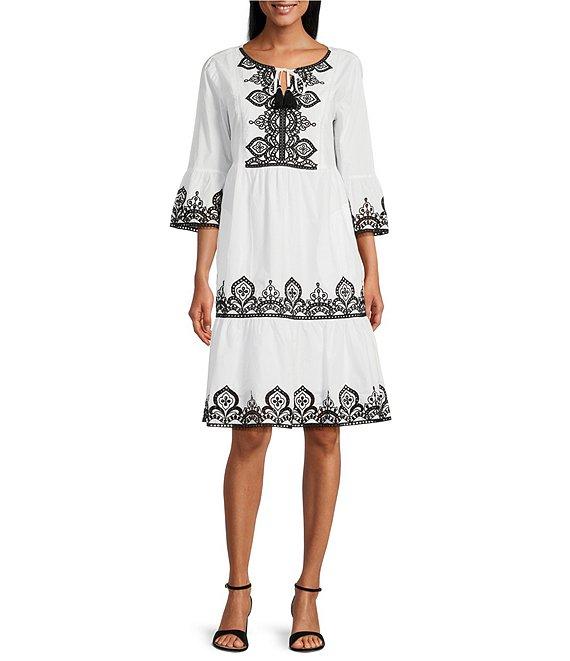 John Mark Cotton Split Neck Short Sleeve Embroidered Tiered Dress Product Image