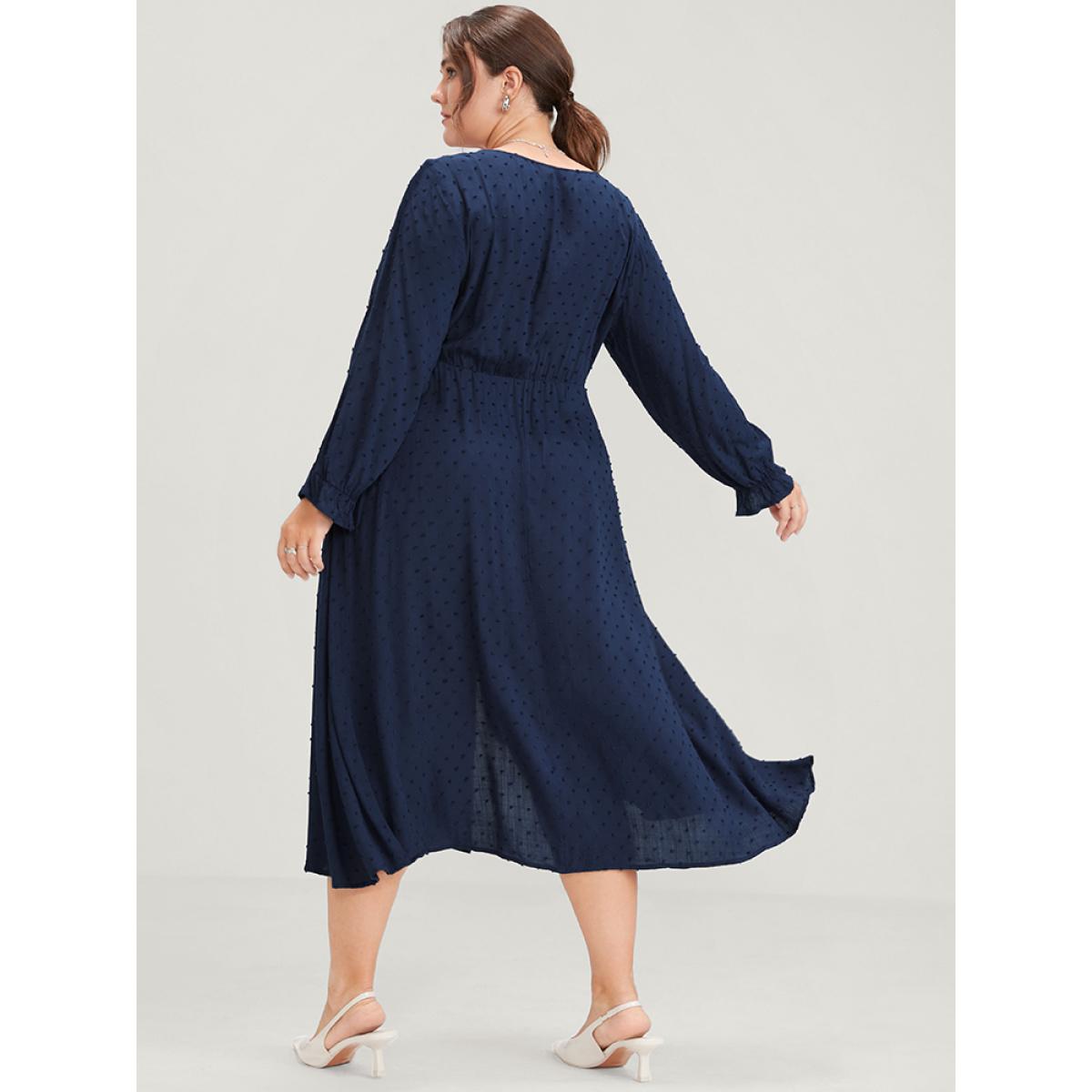 Plus Size Polka Dot Lantern Sleeve Pocket Button Front Midi Dress Navy Women Casual Button V-neck Long Sleeve Curvy Midi Dress BloomChic 26/4X Product Image
