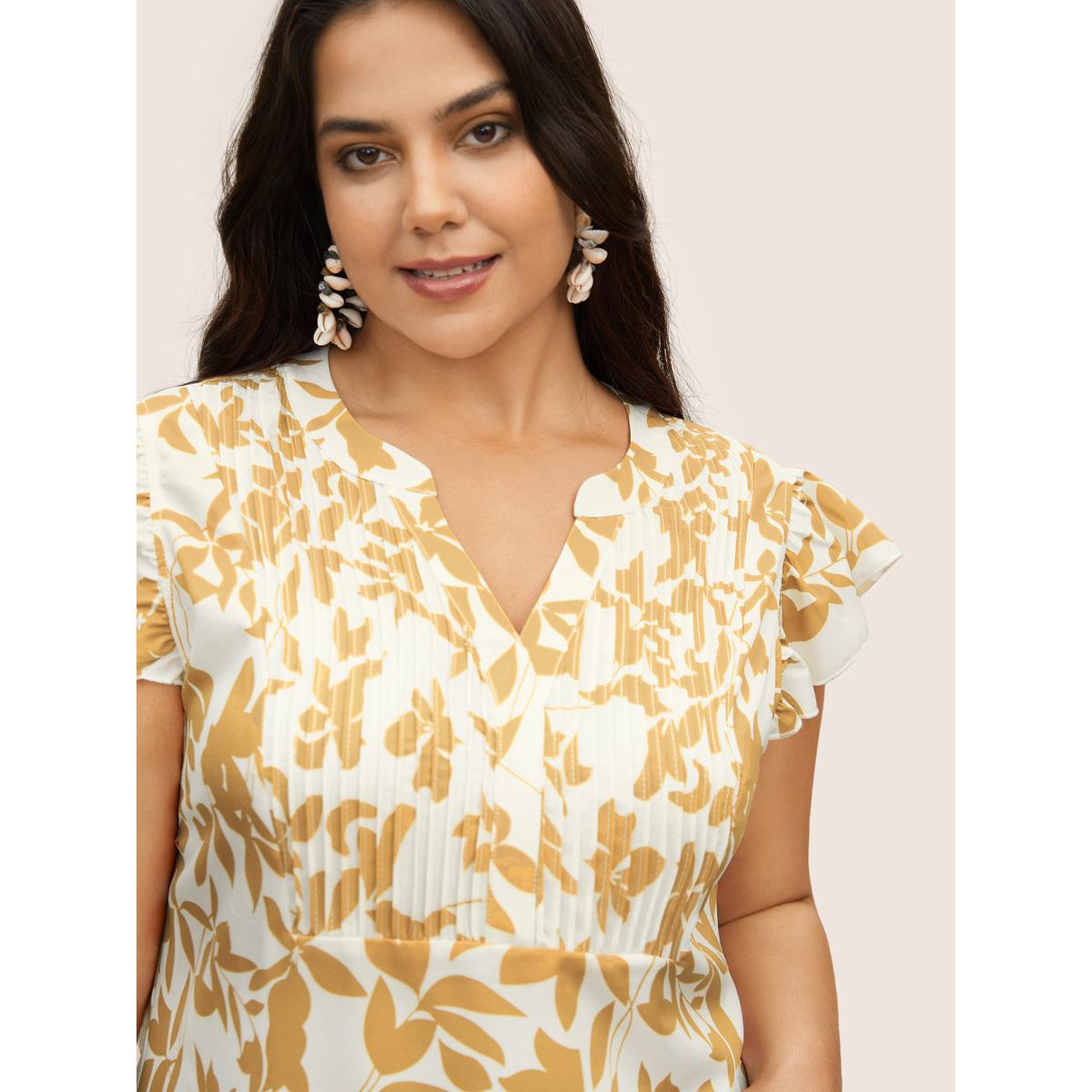 Plus Size Tan Silhouette Floral Print Notched Collar Pleated Blouse Women Resort Cap Sleeve Notched collar Vacation Blouses BloomChic 22-24/3X Product Image